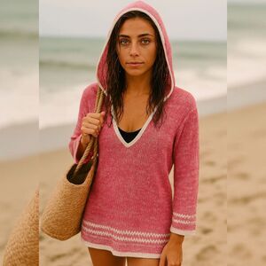 Tommy Bahama Linen Cotton Hood Cover Up S Pink White Knit Pullover Beach Sweater